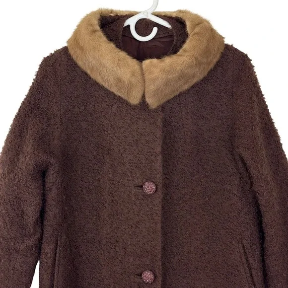 Vtg. 60s Boucle Wool Swing Coat Fur Collar Jackie O Mod Dark Academia Old Money - Picture 2 of 11